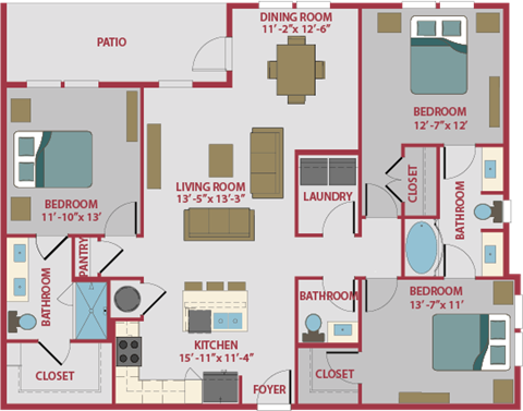 3 bed 2.5 bath floor plan A  at Pinnacle Apartments, Jacksonville, 32256